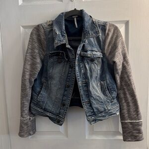 Free People Blue Denim Jacket with Gray Sleeves